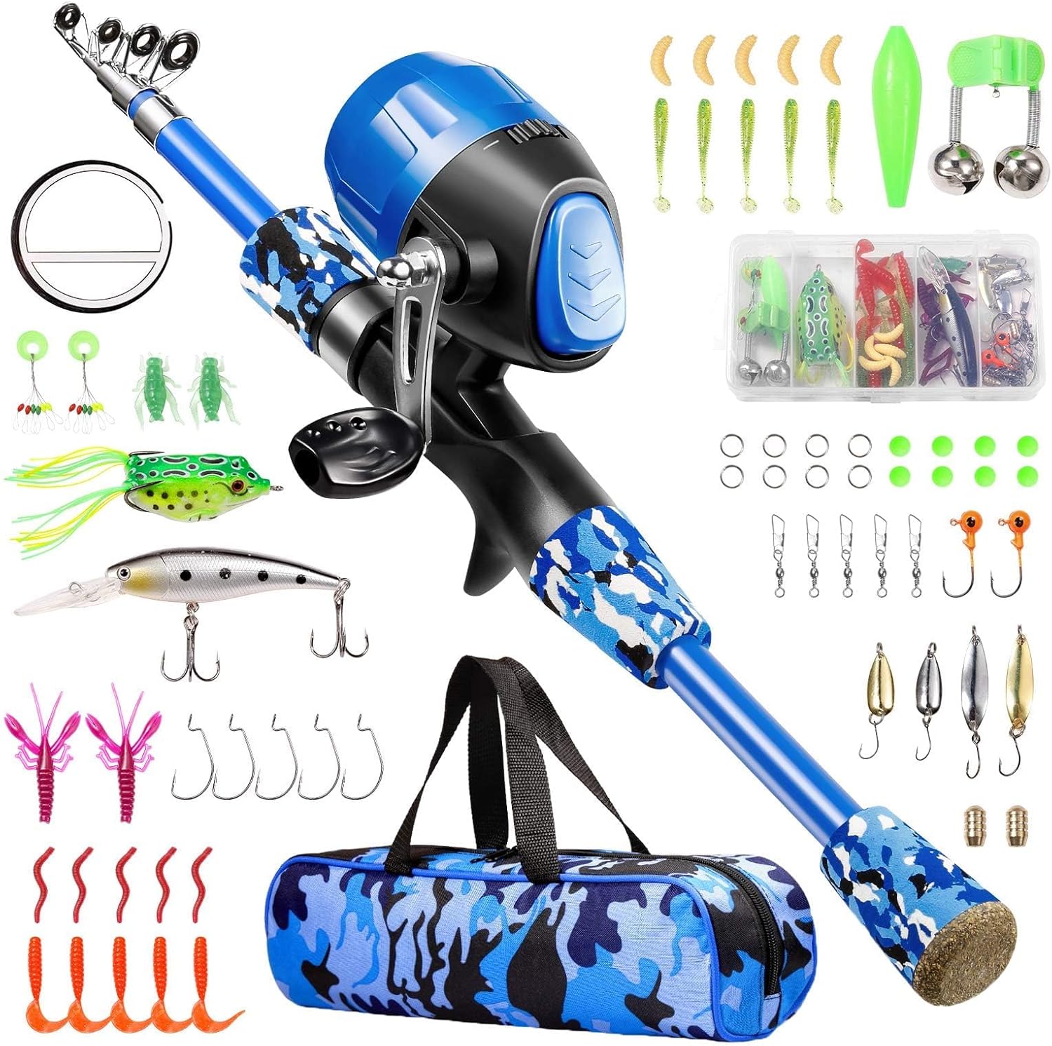 Kids Fishing Pole - Telescopic Fishing Rod and Reel Combo Kit - Fishing Gear, Fishing Lures, Carry On Bag, 70 Set Fully Fishing Equipment - for Boys, Girls, Youth Blue 4.92 Feet
