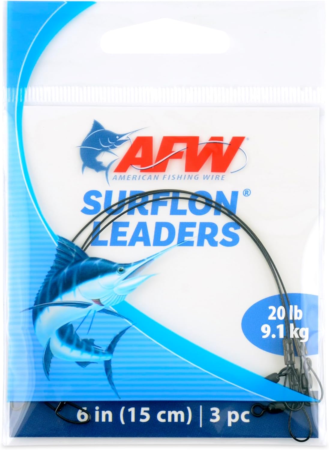 AFW Surflon Fishing Leaders – Black Nylon Coated Stainless Steel Wire, Swivel & Snap, 3 Pack, Variety Pack – Strong Leader Line for Catfishing & Toothy Game Fish 20 lb 6 Inch