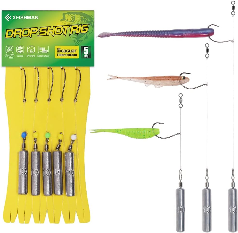 Drop Shot Rigs for Bass Fishing Ready Rig with Hooks and Sinker Weights Hook Size 1-Weight 1/4 oz-Qty 5
