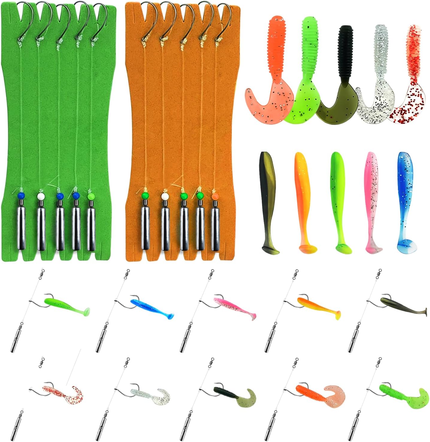 Drop Shot Rig Kit with Soft Plastic Baits – 10 Pre-Tied Rigs with Wacky Hooks (1#, 2#, 3#) & Sinkers (1/8–3/8 oz), 10 Lures Included – Swimbaits & Grubs for Bass, Perch, Trout Fishing Hook Size 1#-Weight 1/4 oz