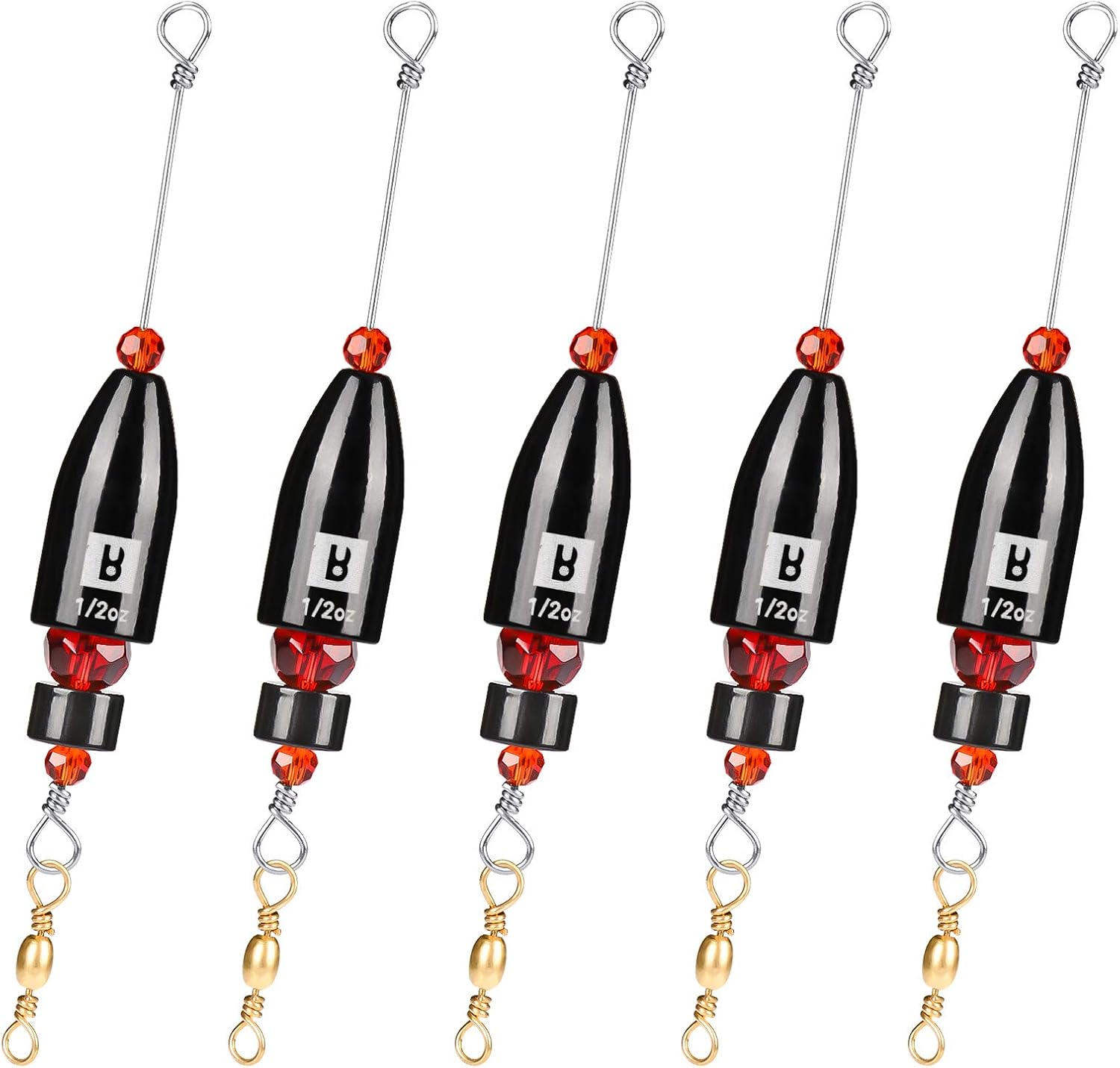 CRR Carolina Ready Rigs for Bass Fishing Saltwater, 5pcs Brass Pre-Rigged Kit, Fishing Weights Bullet Weights Keeper, 4 Sizes 1/4oz 1/2oz 3/4oz 1oz A: Black 1/2oz 5pack