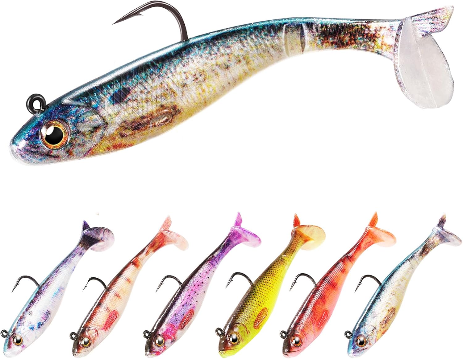 2.5/3.5In Swim Baits for Bass Fishing, Pre-Rigged Jig Heads Soft Plastic Walleye Fishing Lures, Paddle Tail Swimbaits for Bass Fishing, Fishing Bait for Freshwater Saltwater Gifts A-6 3D Colors 3.5in/9cm 0.42oz/12g