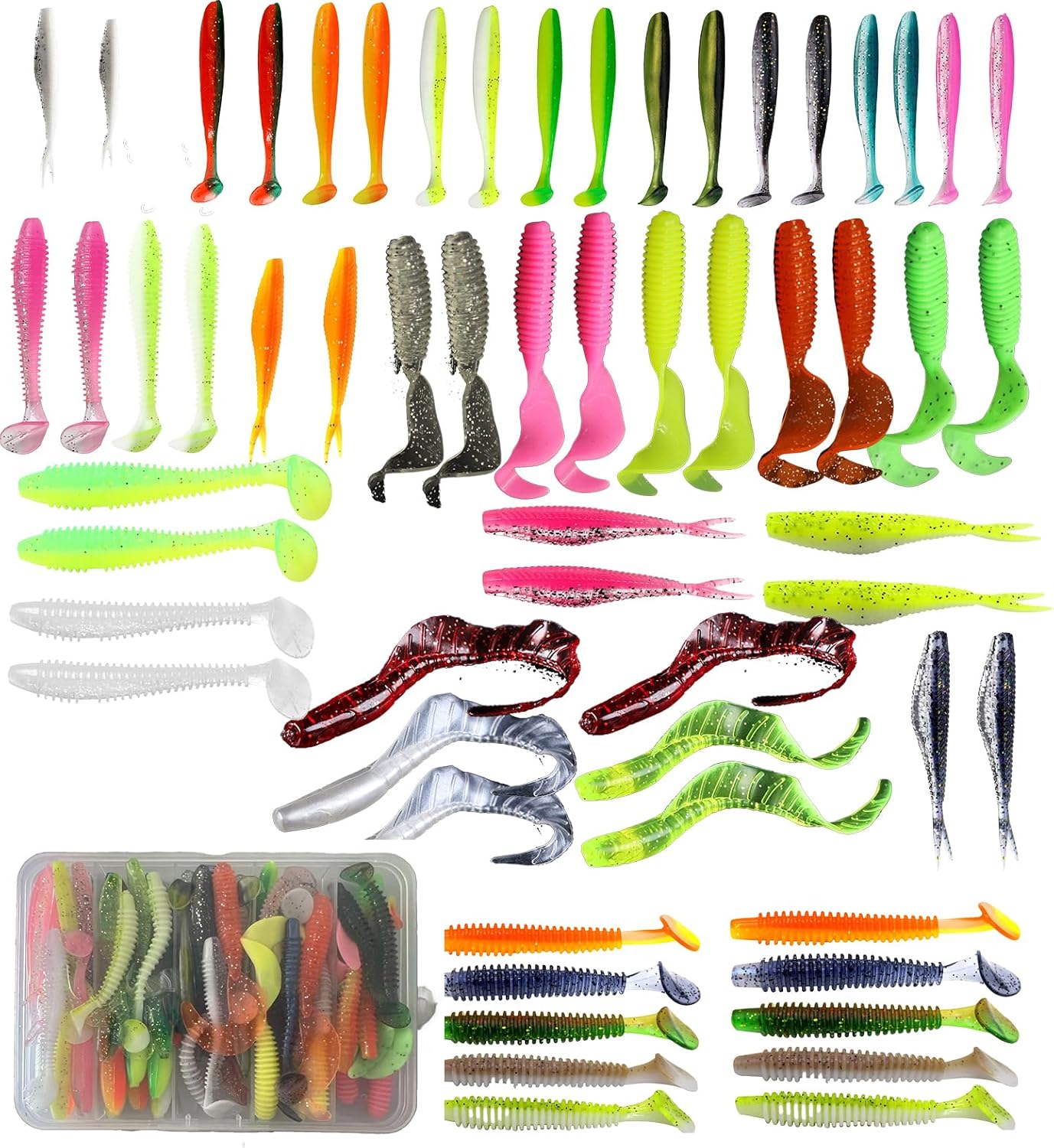 Soft Fishing Lures Set with Tackle Box, 6.5cm/8cm Paddle Tail Swimbaits, 60PCS Soft Plastic Baits with Curly Tails, Freshwater Fishing Lures for Bass, Trout, and More 60 soft baits + bait boxes