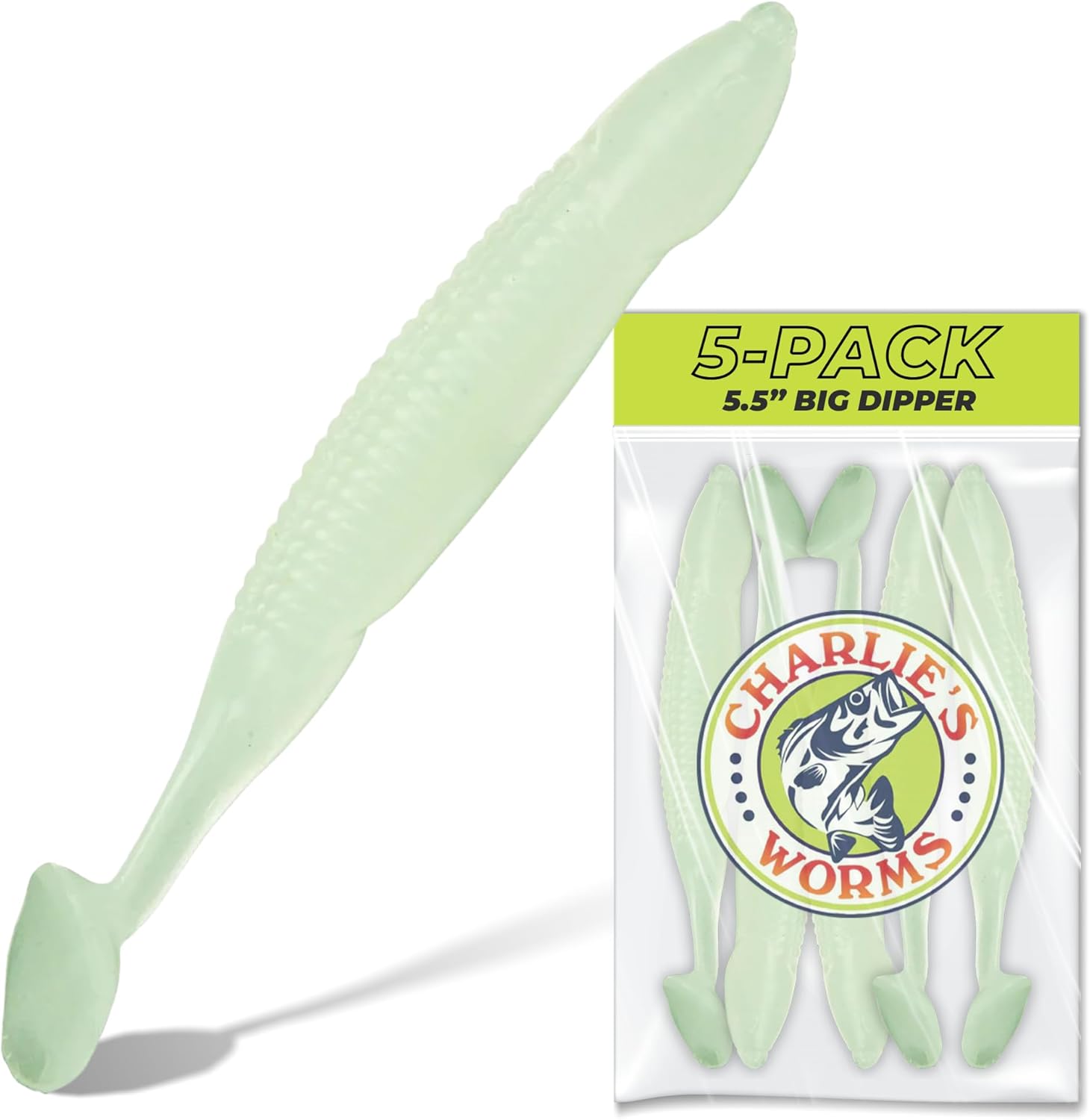 Charlie's Worms Big Dipper Scented Soft Bait for Freshwater & Saltwater Fishing, Paddle Tail Swimbait Lures, Plastic Minnows, Bass, Walleye, Trout, Snakehead, with Variety of Colors (5 Pack) Glow