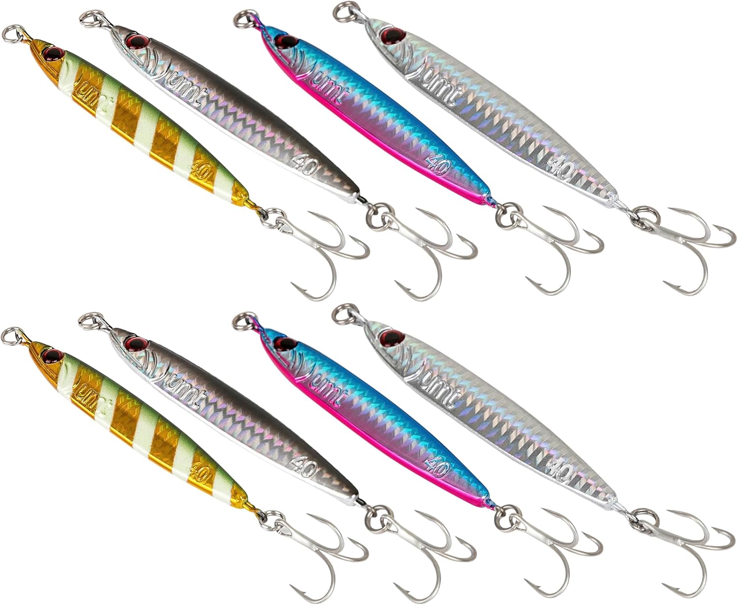 UMT Multi-Color 4 & 8 Pack 40g & 60g Vertical Casting Jig, Sea Bass, Fluke, Porgy - Saltwater & Freshwater Compatible - Super Sharp Treble Hooks, Handcrafted by UMT 40.0 Grams 8 Pack