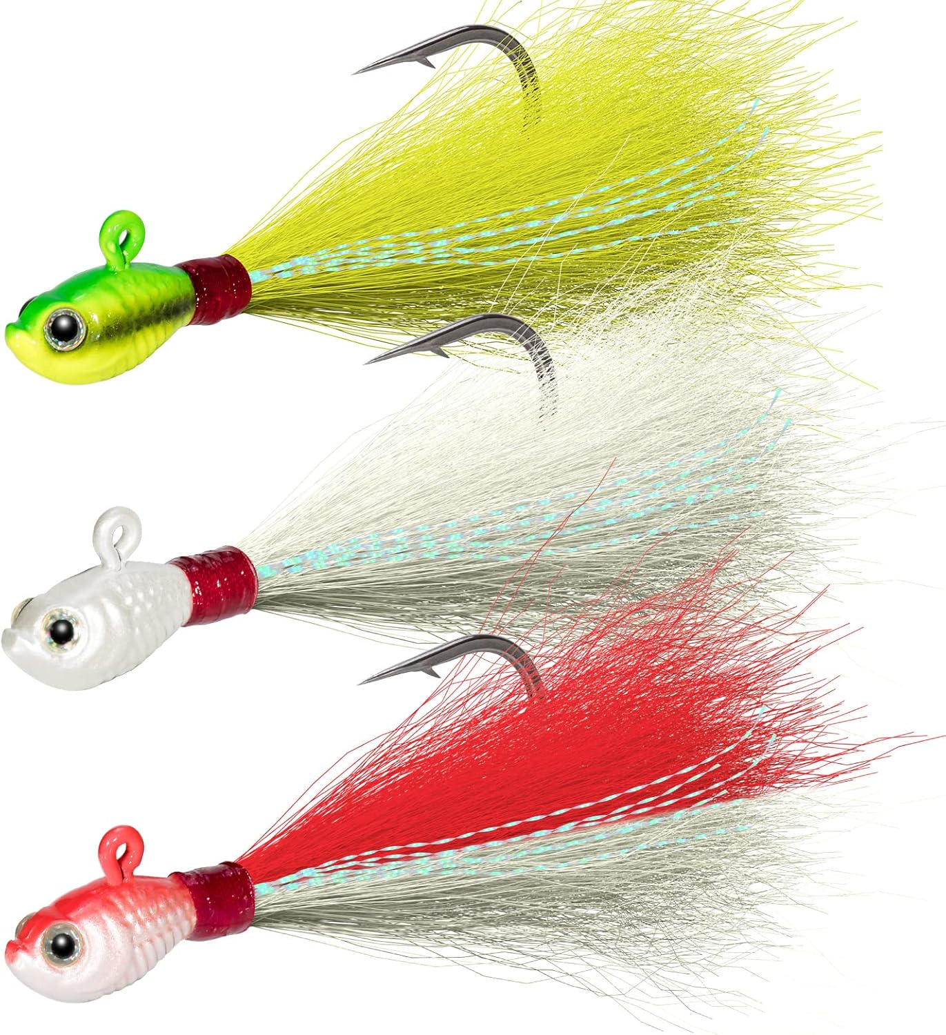 Dr.Fish 3 Pack Bucktail Jig Lure Hair Jig Saltwater Freshwater Lures Surf Fishing White Red Chartreuse Bass Flounder Striper Bluefish Halibut Redfish 1/2oz, 1oz, 2oz, 4oz, 6oz White,Chartreuse,Red & White (Pack of 3) 1/2 oz