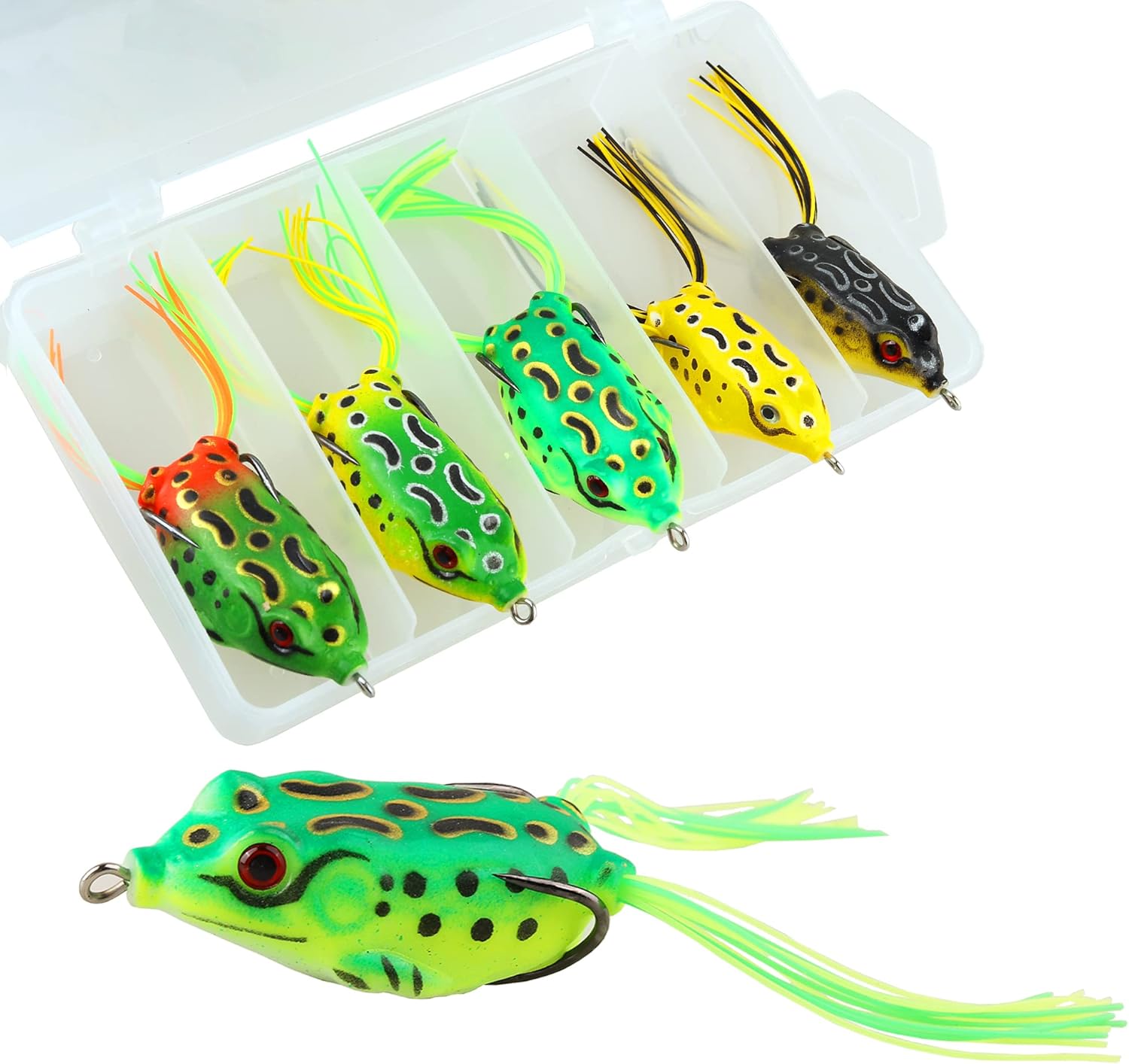 5Pcs Topwater Frog Lures Sets with Bait Box, Frog Lure Ray Frog Topwater Fishing Crankbait Lures, Frog Artificial Soft Bait for Bass Snakehead, Weedless Freshwater Soft Simulated Frog Bait 5 PC