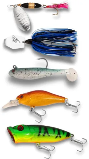 5pc Fishing Lure Set with Assorted Lures, TopWater, ChatterBait, Spinner, CrankBait, Soft Swim Jig, for Most Fishing Scenario's, Grab & Go Lure Box