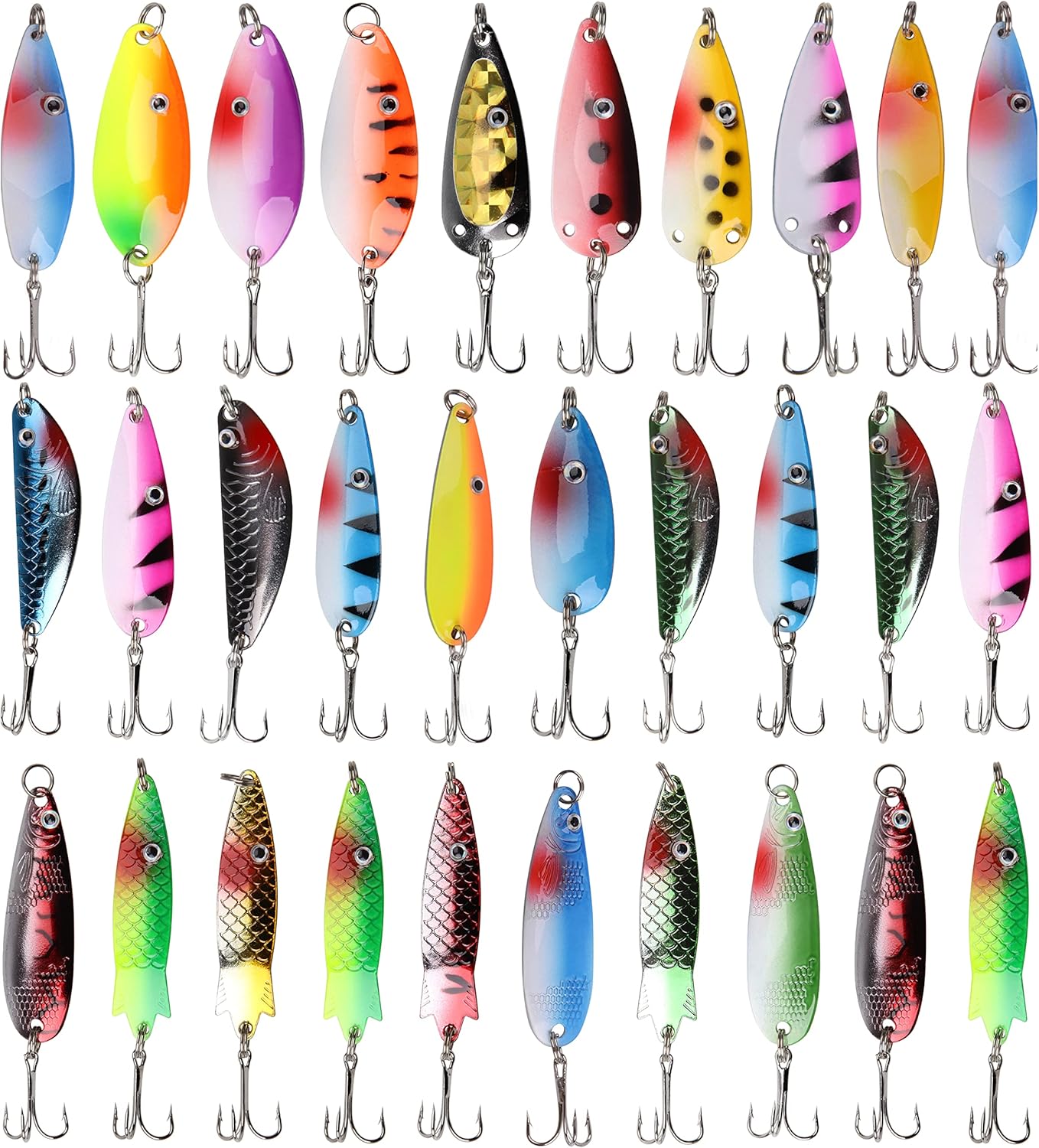 Shaddock Fishing Spoons Metal Lures, 30pcs Colorful Casting Fishing Spinner Baits Trout Trolling Spoon Fishing Lures Sharp Treble Hooks Tackle Kit