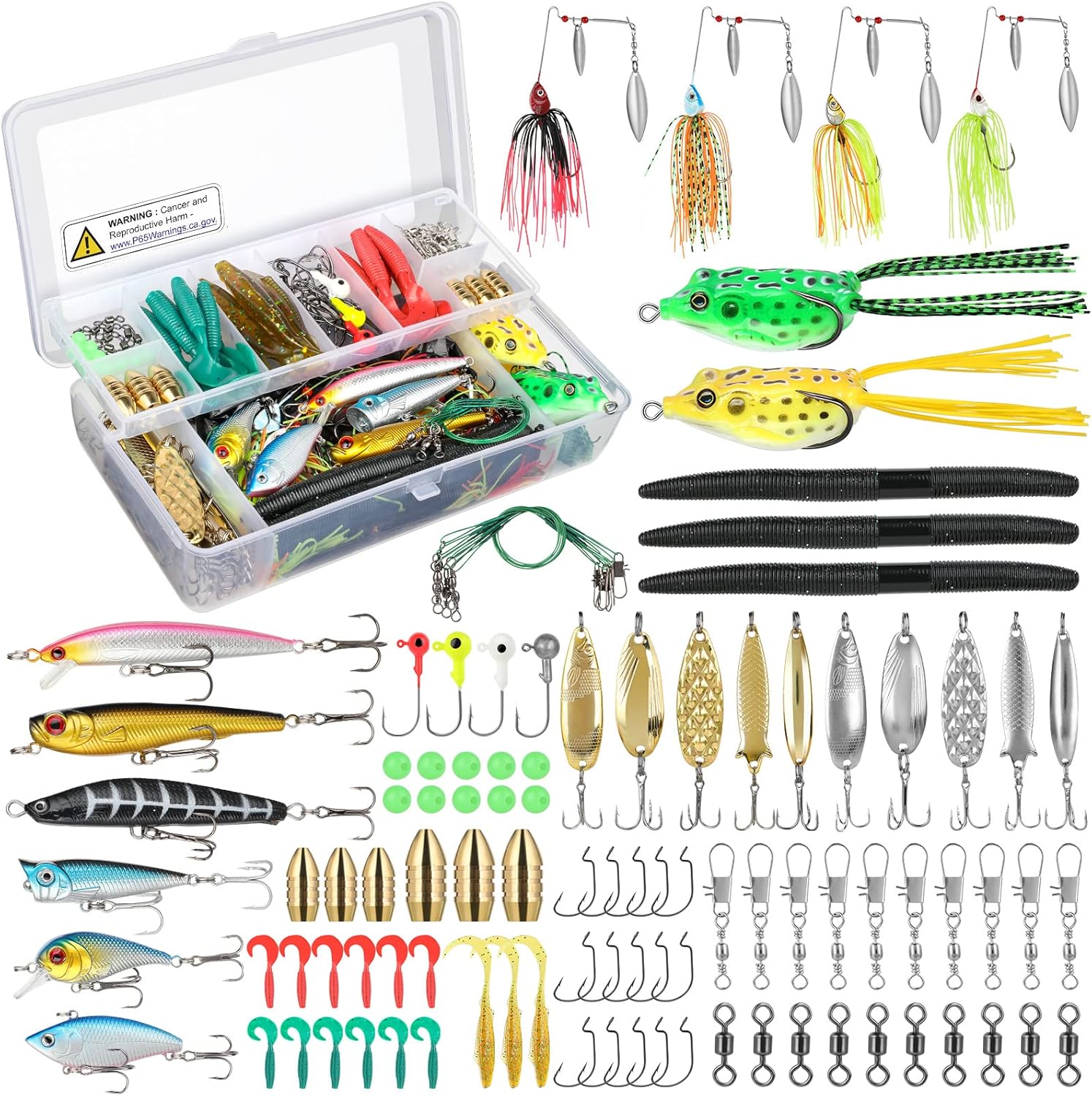 Fishing Lures Baits Tackle Including Crankbaits, Spinnerbaits, Plastic Worms, Jigs, Topwater Lures, Tackle Box and More Fishing Gear Lures Kit Set, 102/302Pcs Fishing Lure Tackle 102Pcs Fishing Lures Kit