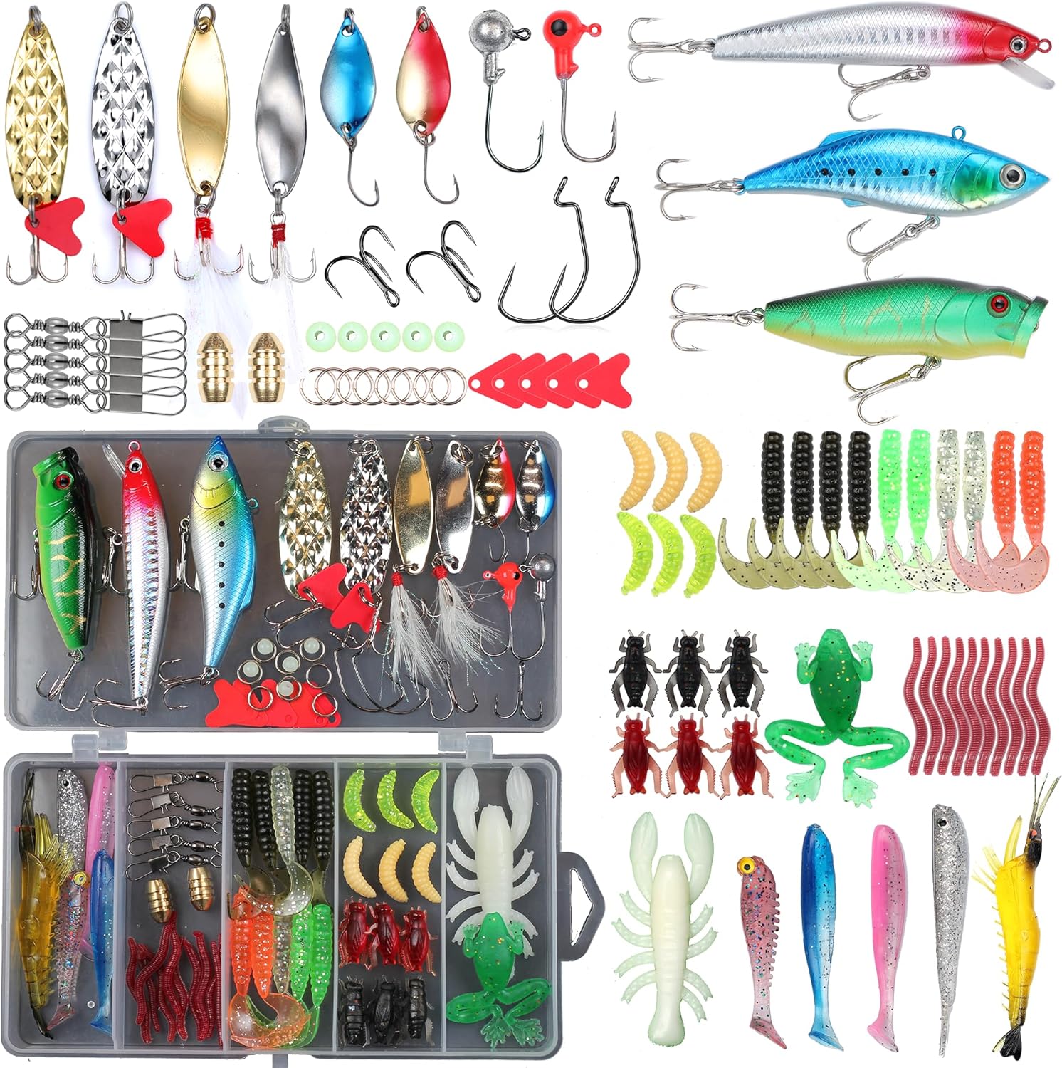 Fishing Lure Fishing Lures kit Lure Set for Bass Trout Salmon Freshwater Fish Tackle Box Shrimp Worm Bait Spoon Grasshopper Crankbait Jigs Hooks Fishing Gear and Equipment 79 pcs