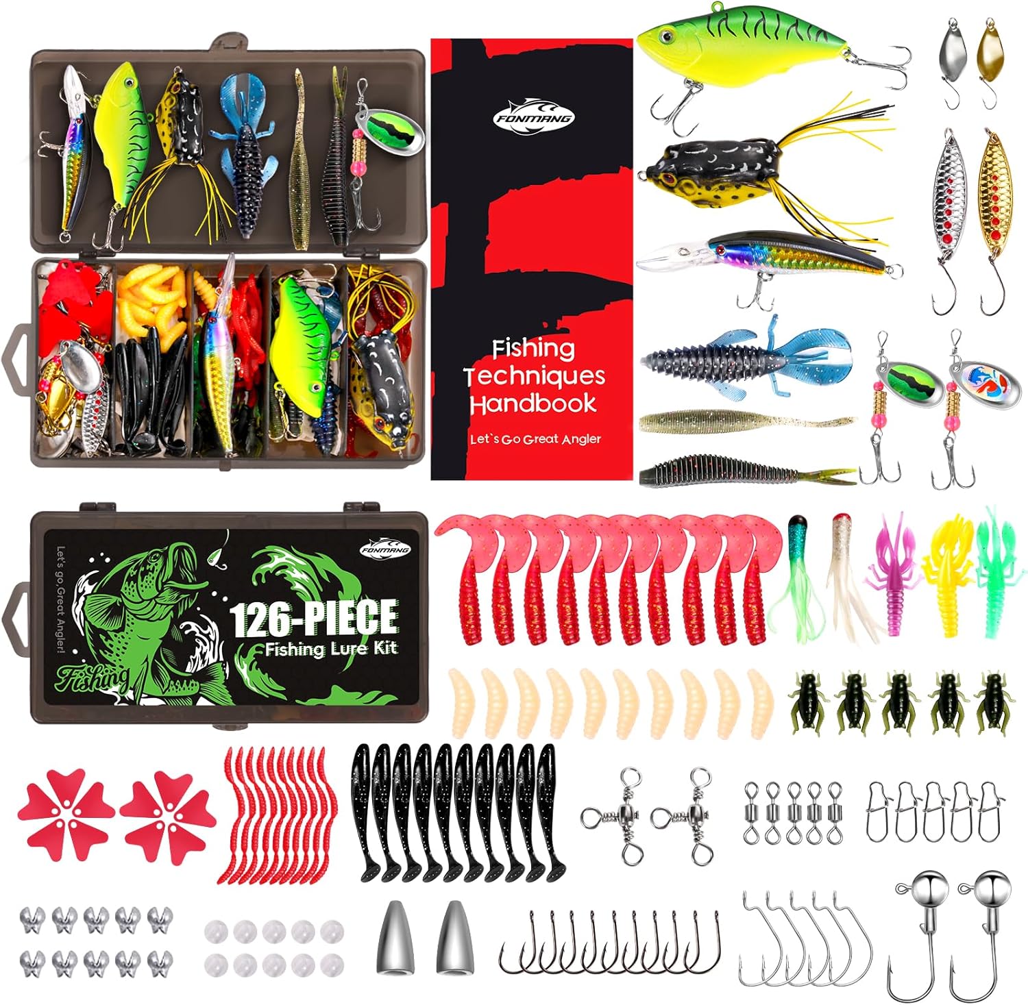 Fishing Lures - 2025 New Tackle Box with Tackle Included, Fishing Kit with VIBs, Frogs, Minnows, Soft Baits, Hooks & Weights Accessories, Freshwater Lure Kit for Bass Walleye Trout F1-126pcs All-in-One