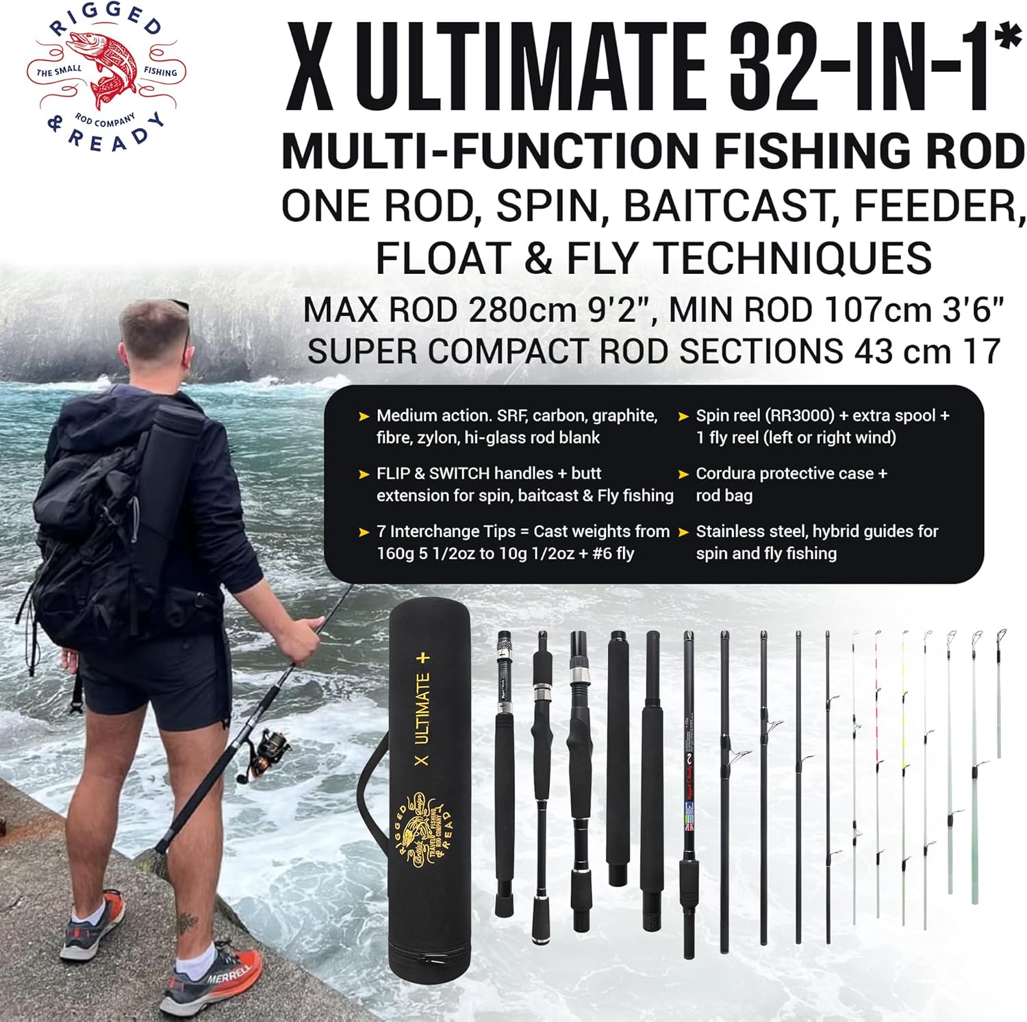 Rigged & Ready X Series™ Travel Fishing Rods - 6 Super Compact Combos and Rods, Multi-Functional, Spinning Poles - 5 to 25 Techniques from one Rod - Spin, Bass, Carp, Fly - Fresh & Saltwater Angling - X Ultimate