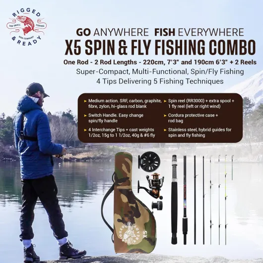 Rigged & Ready X Series™ Travel Fishing Rods - 6 Super Compact Combos and Rods, Multi-Functional, Spinning Poles - 5 to 25 Techniques from one Rod - Spin, Bass, Carp, Fly - Fresh & Saltwater Angling - X5 Combination