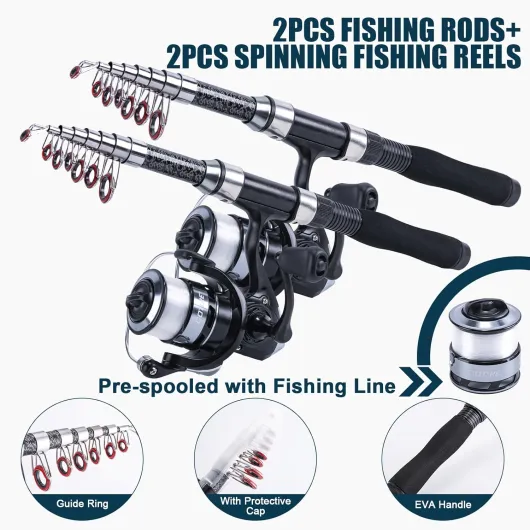 Telescopic Fishing Rod and Reel Combos with Storage Bag, 2Pcs Fishing Rods + 2Pcs Pre-Spooled Spinning Reel, Telescopic Fishing Pole Kit for Starter Saltwater Freshwater 2Pcs Fishing Pole Kit with Carrier Bag B2 2.5M