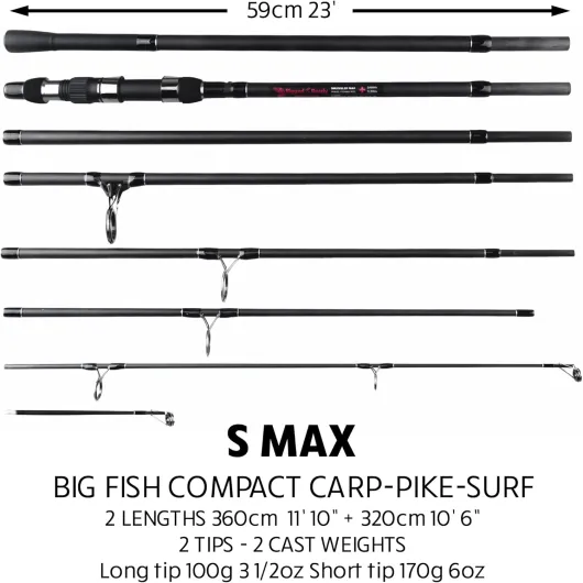 Rigged and Ready S Series Travel Fishing Rods - 2 Powerful Big Fish Predator-Carp-Surf Rods + 1 Combo + 2 tips/cast weights + Case - Travelling Angling in Fresh and Saltwater Fist to 15kg (33lb) S MAX