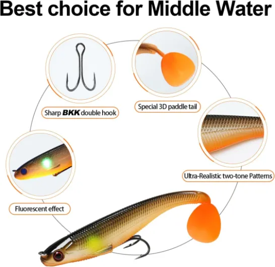 Shadtale Soft Fishing Lures with BKK Hooks – Easy Catch: Trembly Sinking and Vibrating Swim for More Bites, Paddle Tail Swimbait for Bass, Trout, Pike, Perch - Ideal for Family Fishing B1-9cm-7g